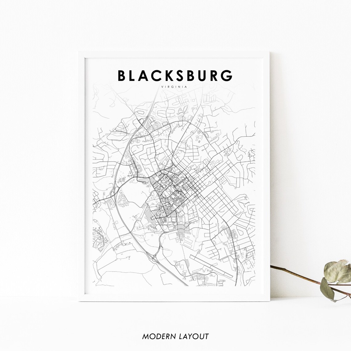 Blacksburg VA Map Print, Virginia Tech City Poster