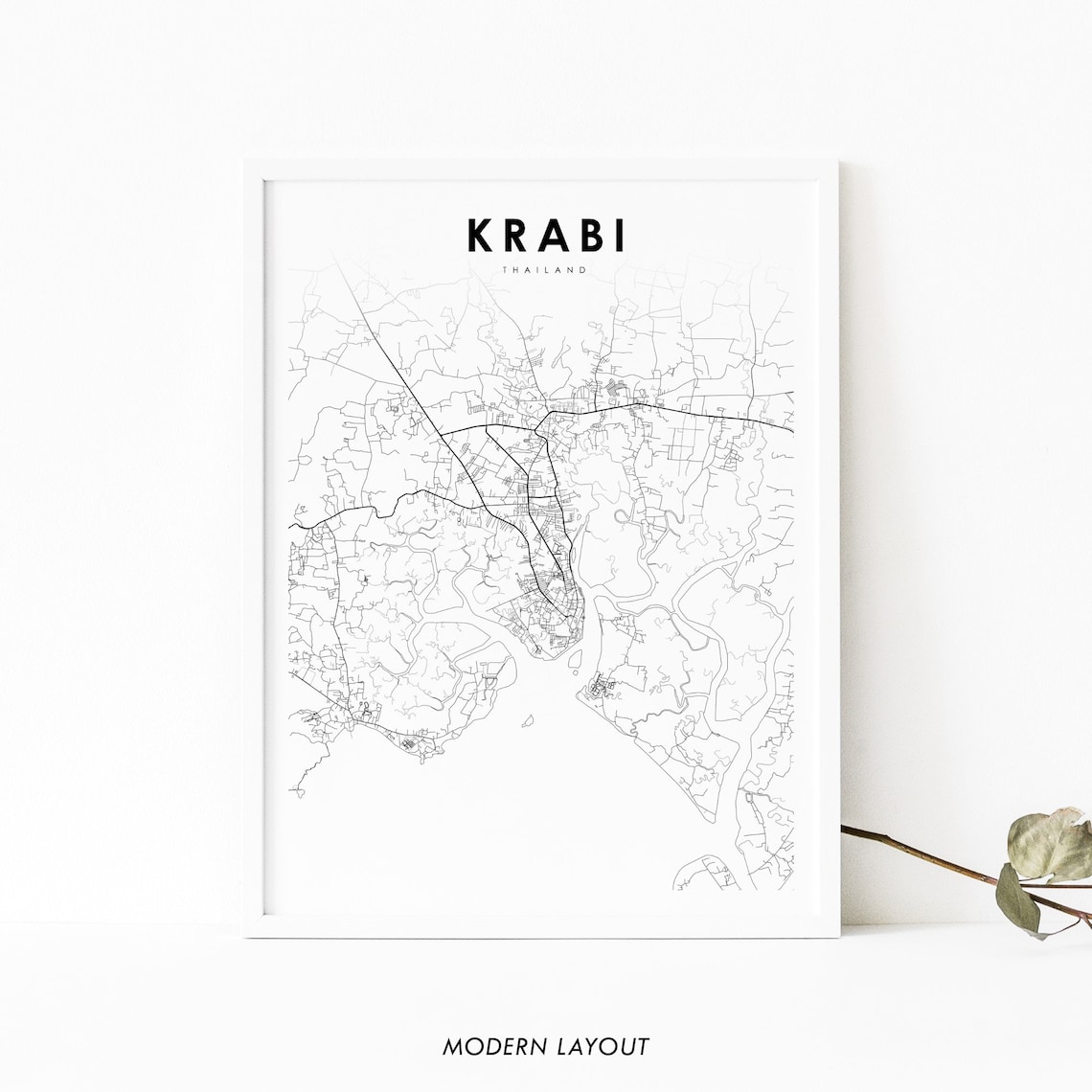 Krabi Thailand Minimalist City Street Map Line Art Travel Poster