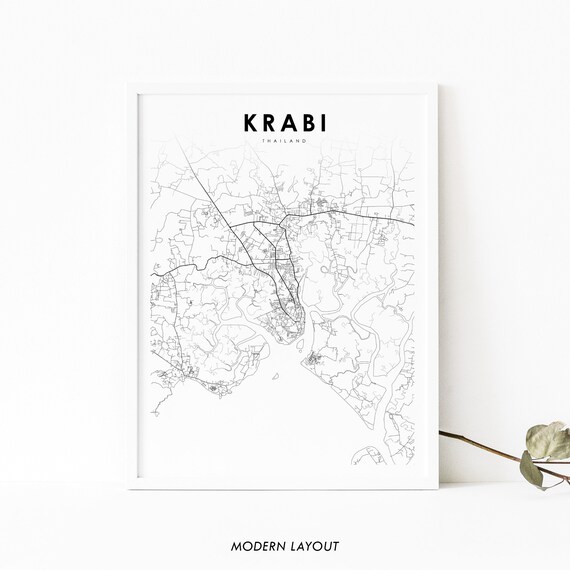 Krabi Thailand Map Print Art Poster City Street Road Nursery Room Office Wall Decor Minimalist