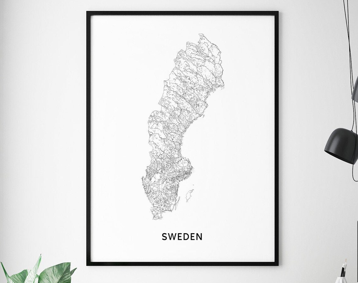 Sweden Map Print, Black and White Minimalist