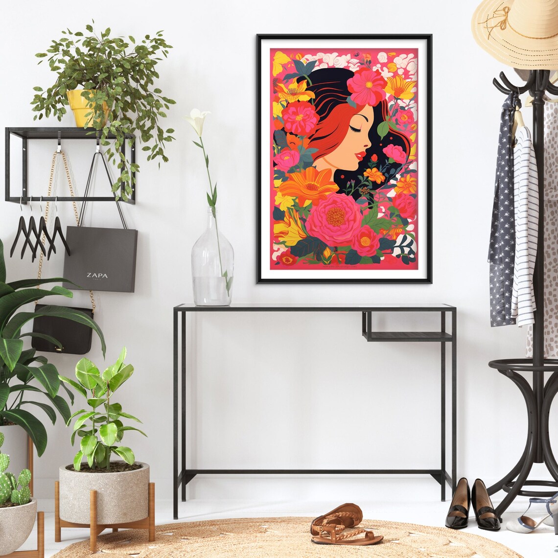 Woman Profile Pink Flowers Pop Art Vibrant Floral Beauty Poster - Image 2