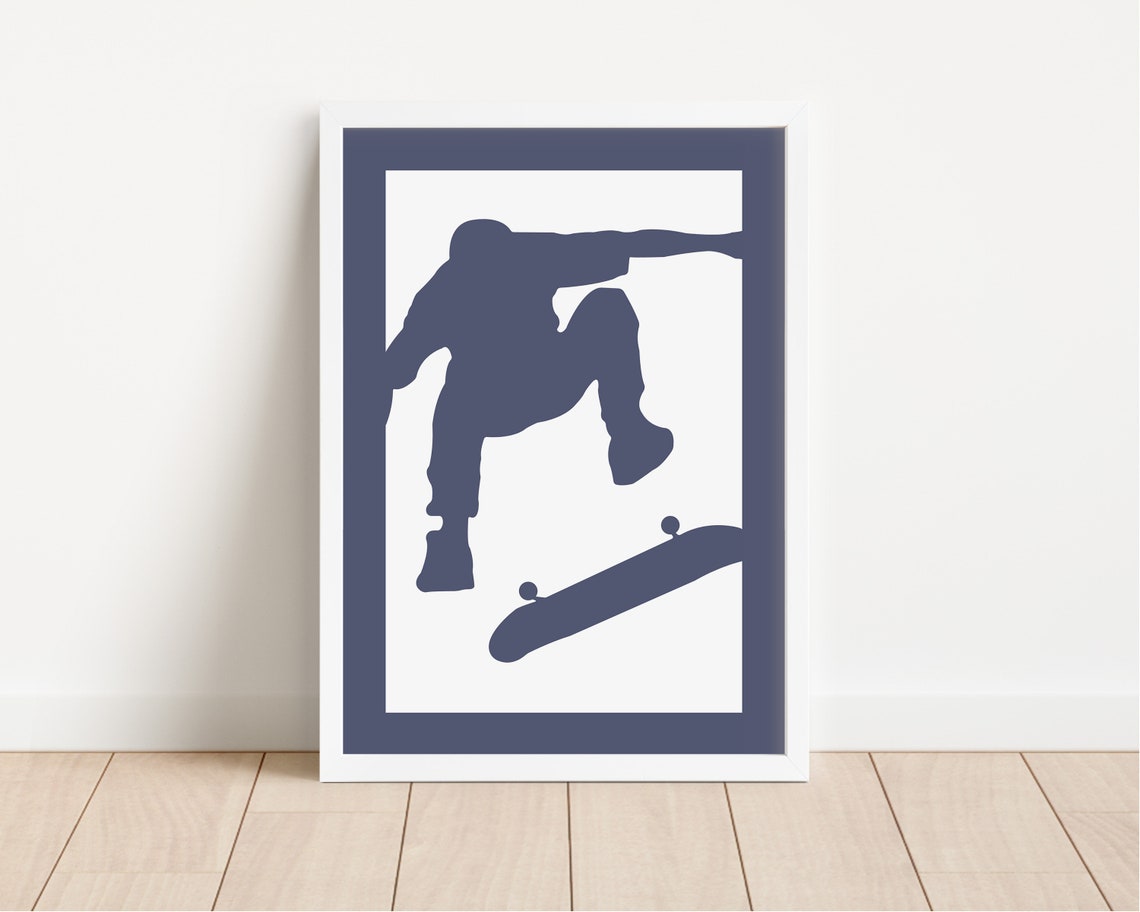 Navy Skateboarder Trick Silhouette Poster for Kids Skateboard Bedroom - Image 3