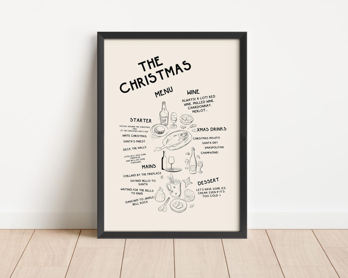 Fun Hand Drawn Christmas Menu Holiday Dinner Party Kitchen Poster - Image 3