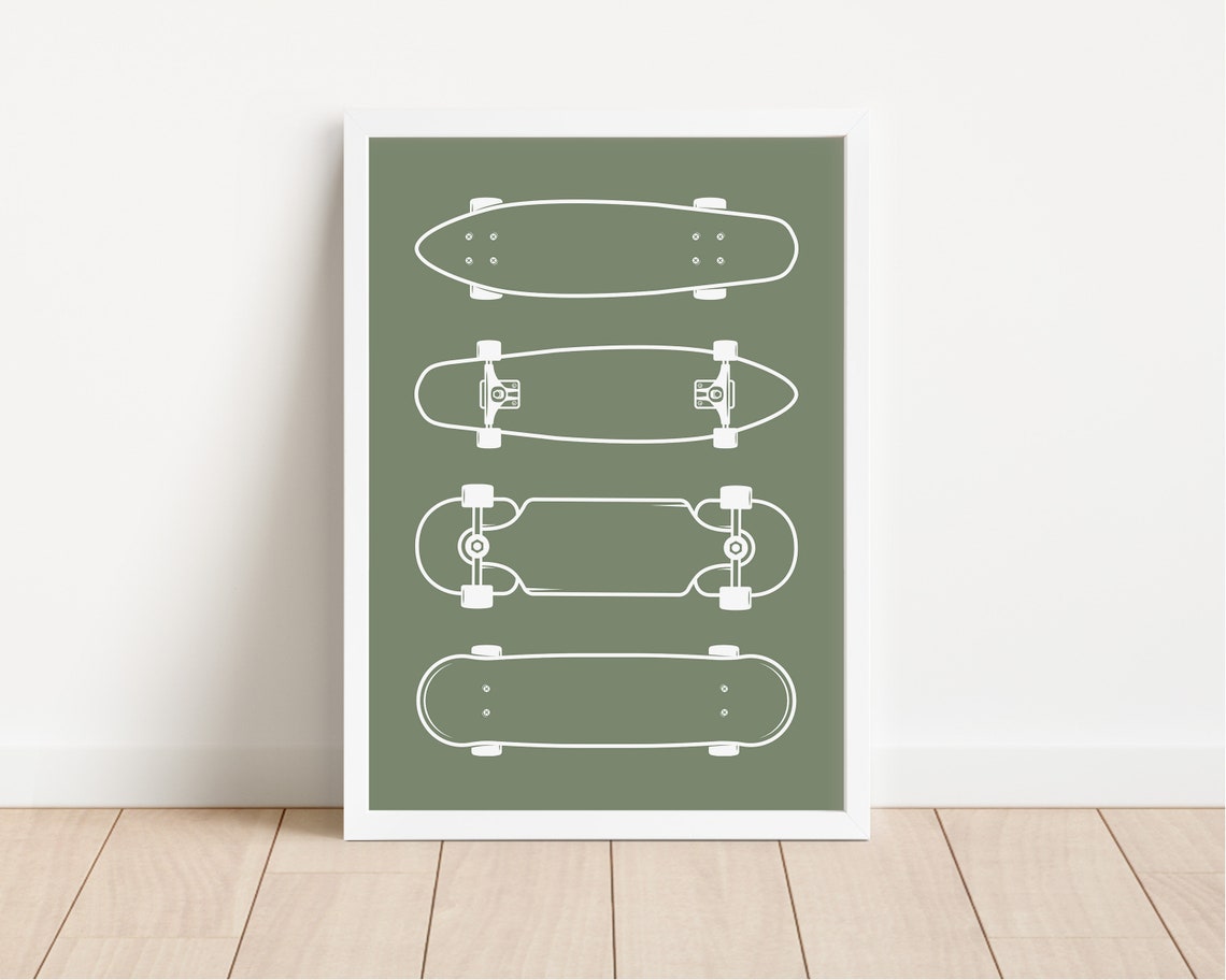 Olive Green Skateboard Deck Line Art Poster Blueprint Boys Room Decor - Image 3