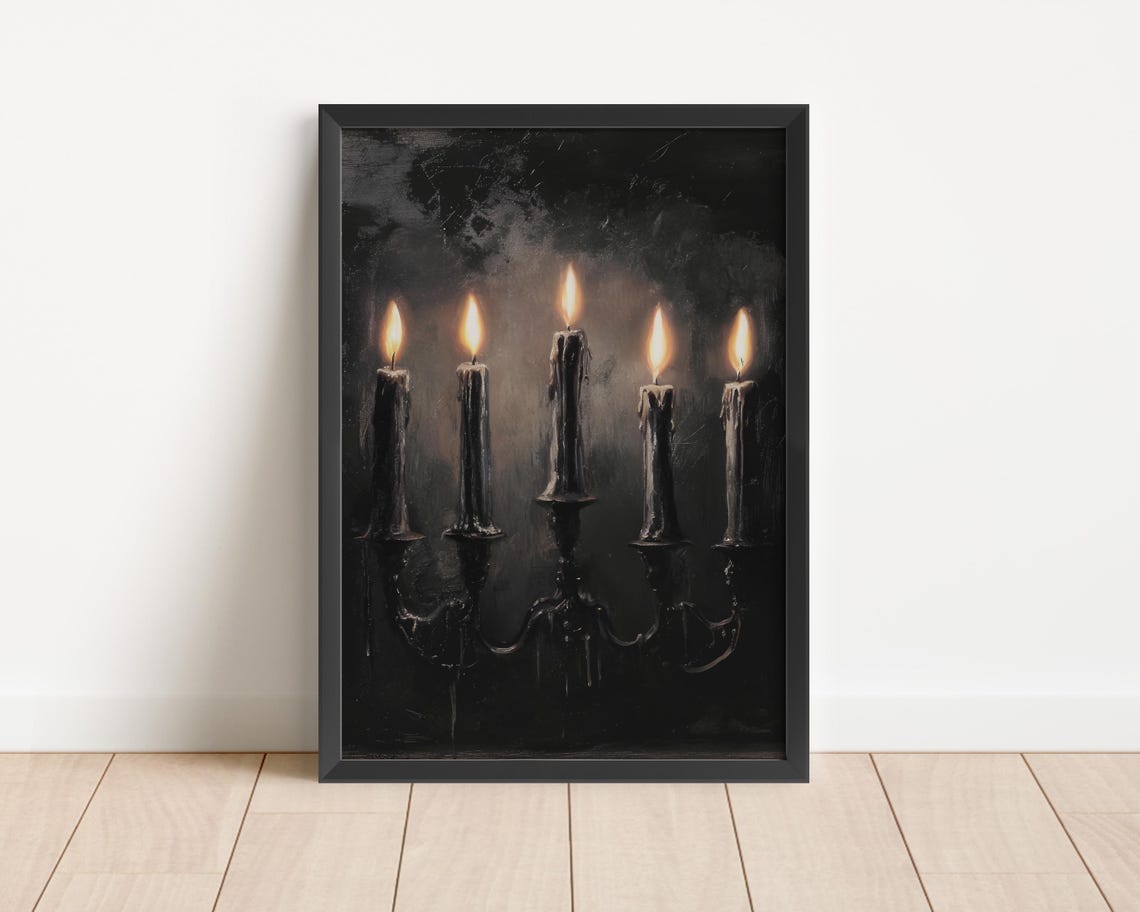 Gothic Vintage Black Candelabra Five Lit Candles Dark Poster