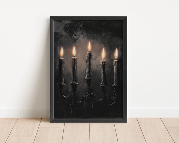 Gothic Vintage Black Candelabra Five Lit Candles Dark Poster