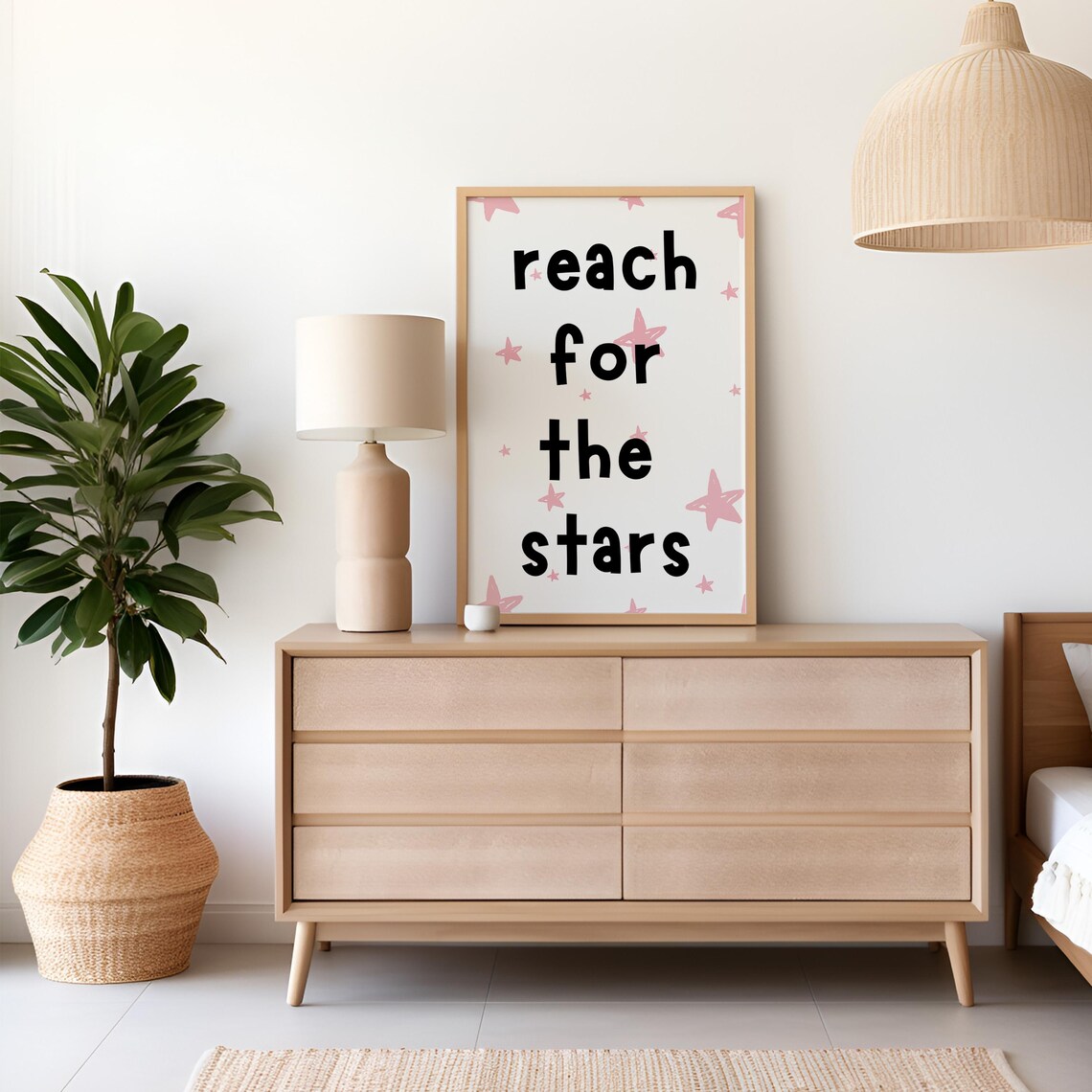 Reach For The Stars Nursery Quote Poster Pink Stars Kids Room Decor - Image 4