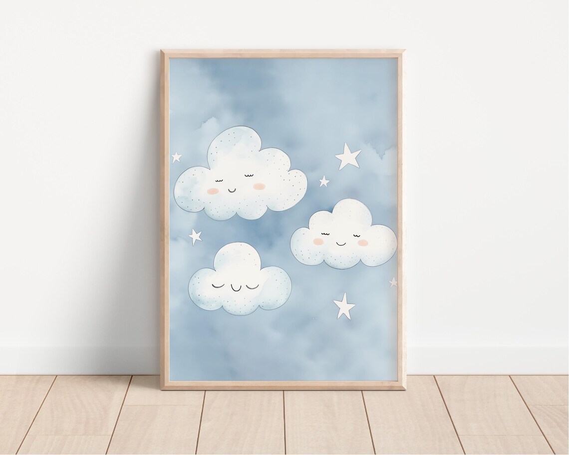 Smiling Cloud Faces Watercolor Poster Blue Sky Nursery Baby Room Decor - Image 3