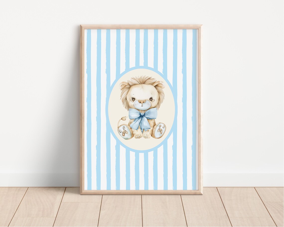 A Sweet Baby Lion Blue Striped Safari Nursery Watercolor Poster - Image 4