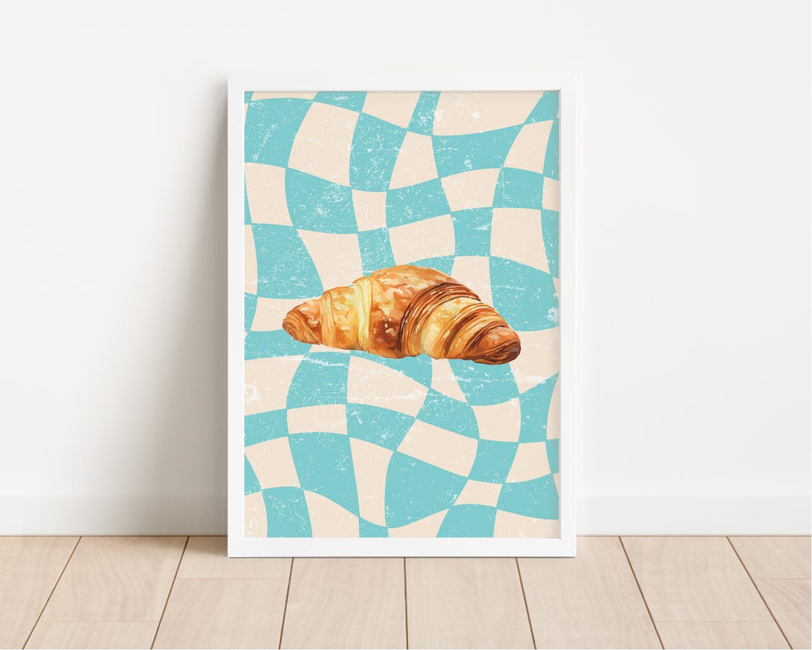 Croissant Watercolor Poster Turquoise Checkerboard Kitchen Wall Decor - Image 2