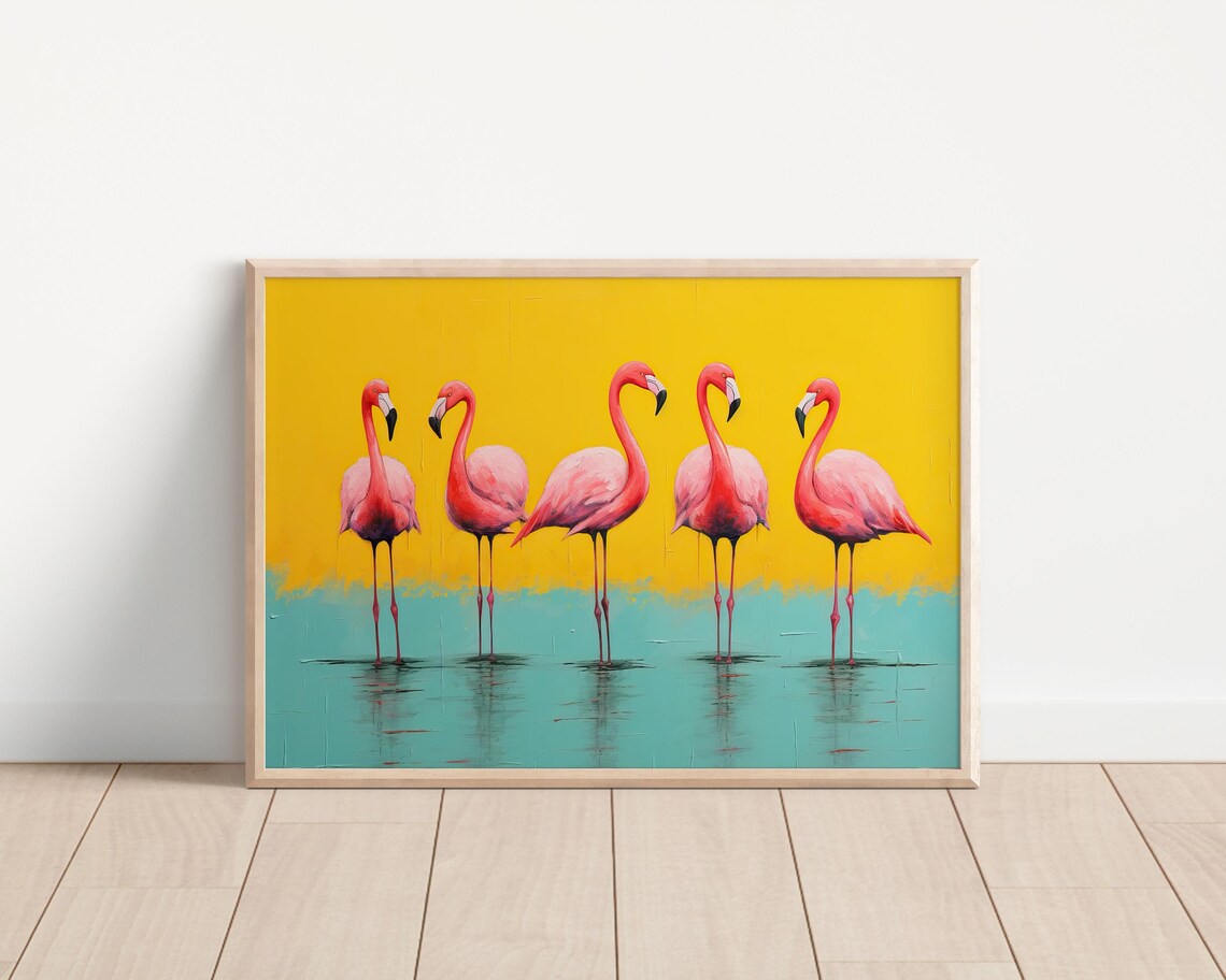 Five Pink Flamingos Turquoise Water Yellow Sky Pop Art Poster - Image 3