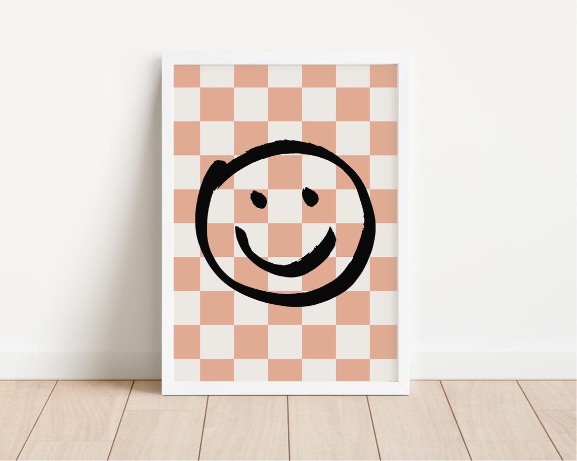 Smiley Face Pink Checkered Retro Happy Wall Decor Art Poster
