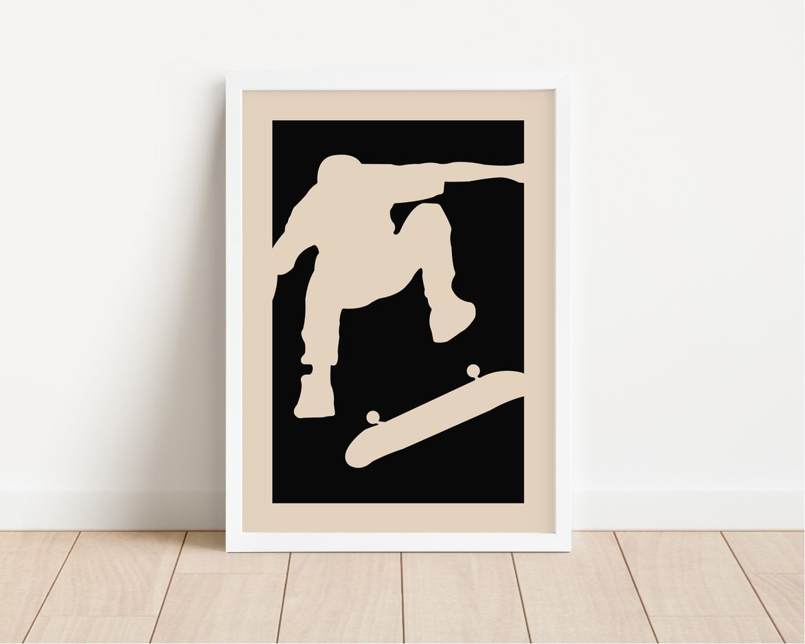 Skateboarder Kickflip Silhouette Black Tan Kids Room Sports Poster - Image 2