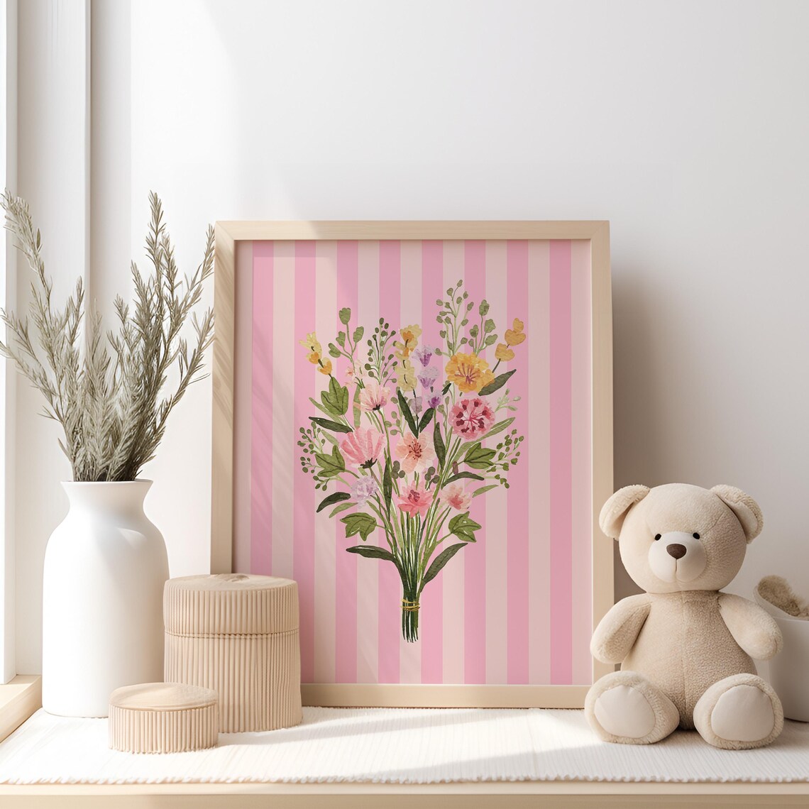 Wildflower Bouquet Watercolor Pink Stripes Nursery Art Poster