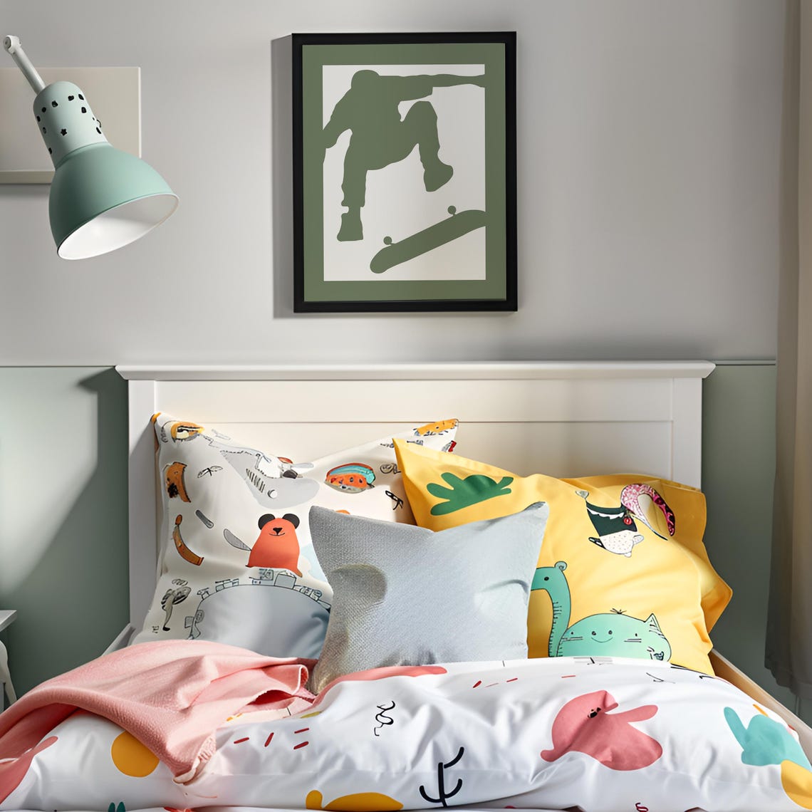 Olive Green Skateboarder Silhouette Poster Trick Jump Boys Room Decor - Image 4
