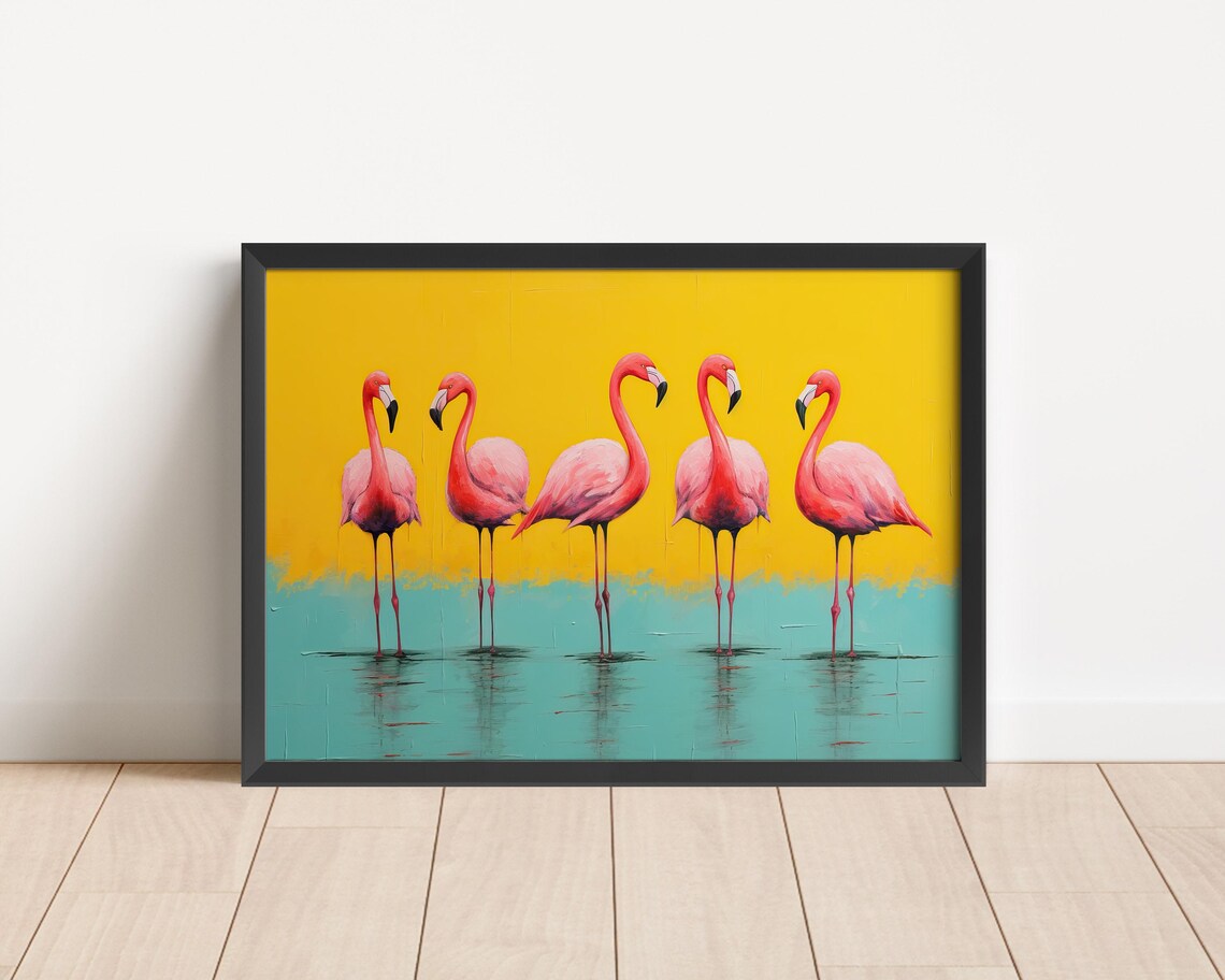 Five Pink Flamingos Turquoise Water Yellow Sky Pop Art Poster