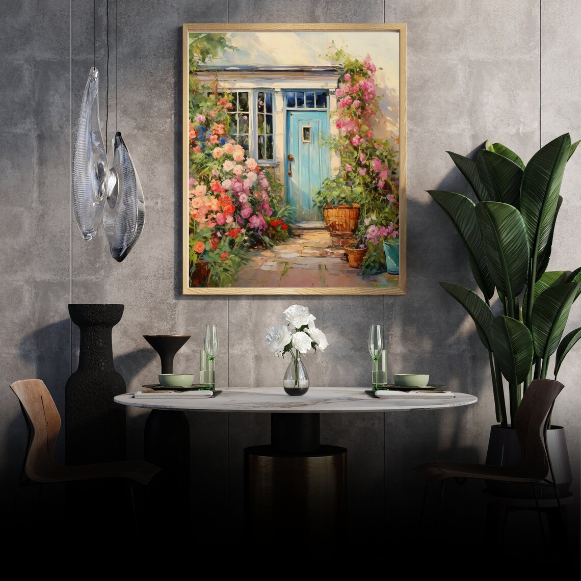 Charming Blue Cottage Door with Climbing Pink Roses Garden Poster - Image 3