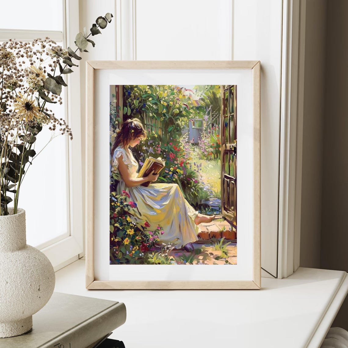Woman Reading Book in Blooming Garden Impressionist Painting Poster - Image 3