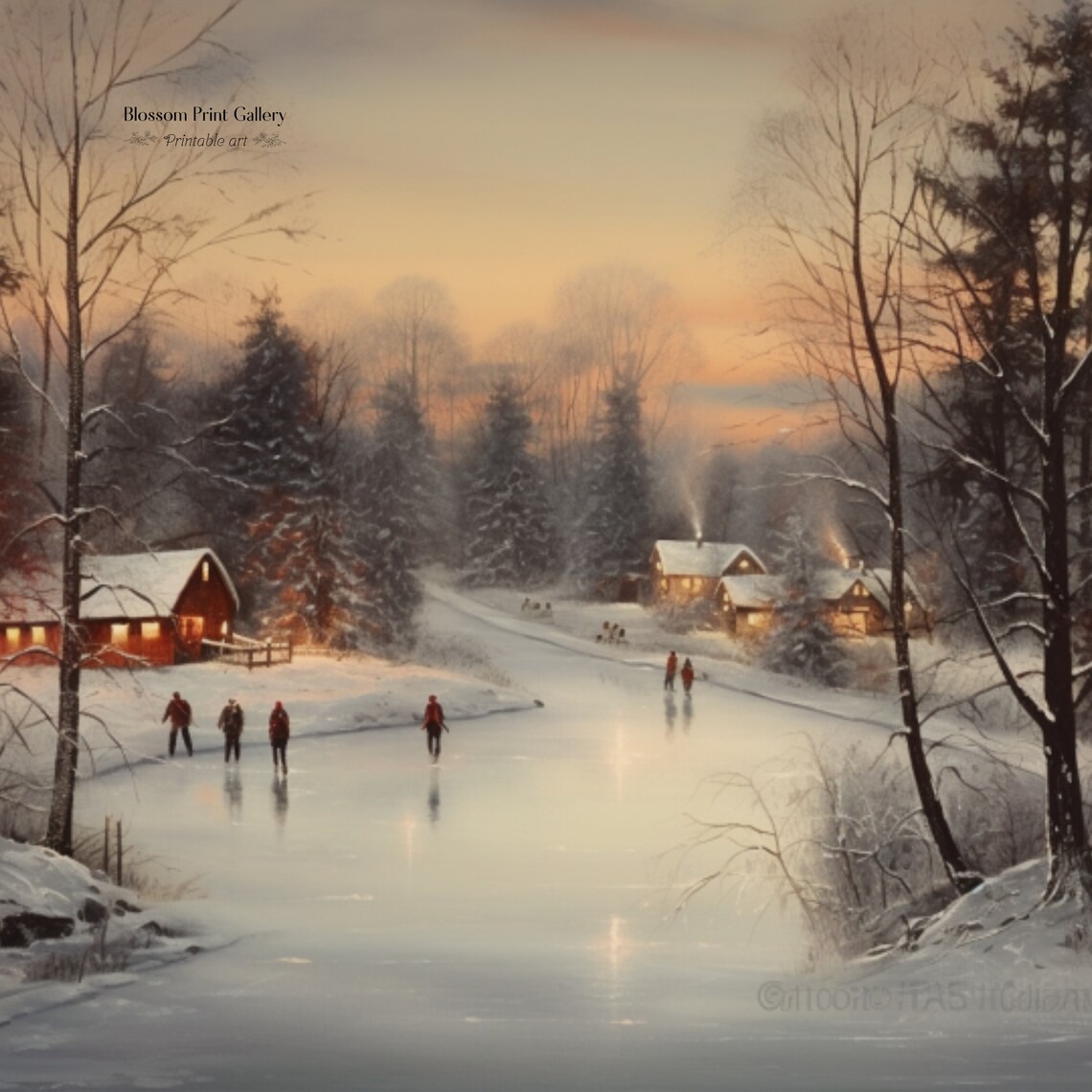 Winter Village Pond Ice Skating At Dusk Snowy Christmas Poster - Image 3