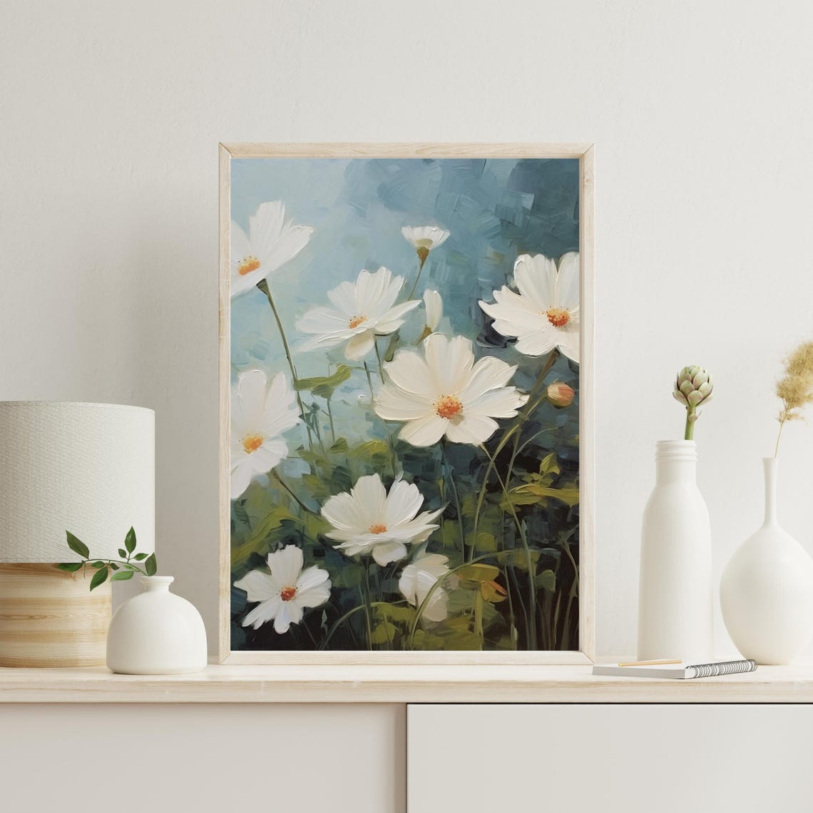 White Floral Still Life Oil Painting Vintage Farm House Summer Country Field Painting Art Botanical Art 616