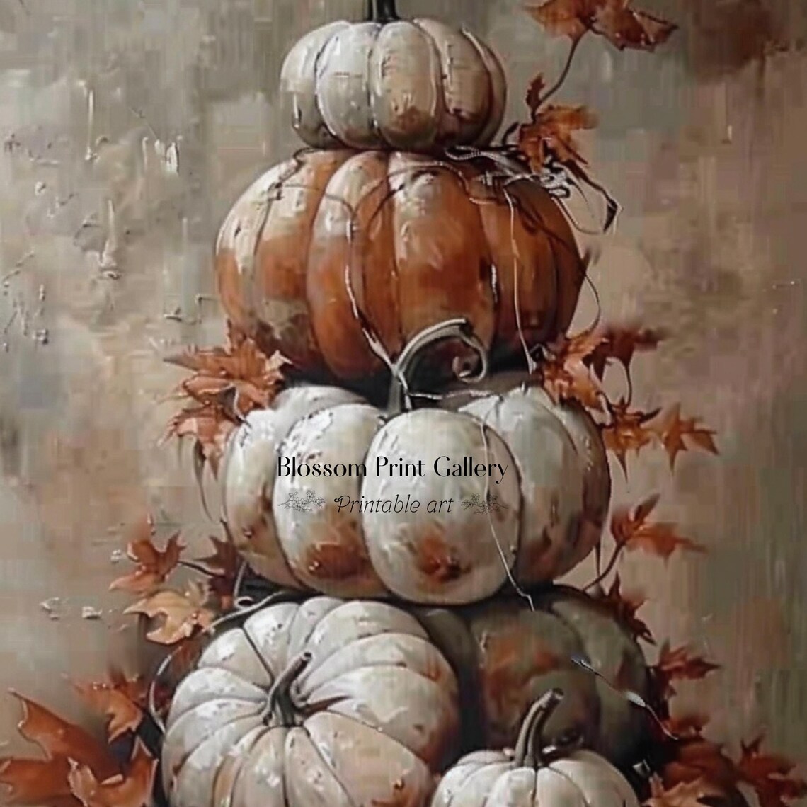 Stacked White Pumpkins Fall Harvest Still Life Oil Painting Poster - Image 2
