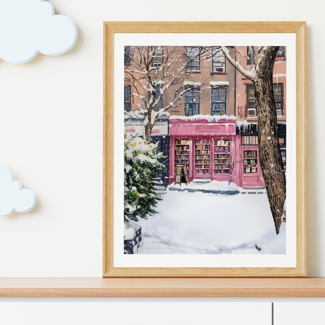 Charming Pink Bookstore On Snowy Winter Street Bookshop Art Poster - Image 5