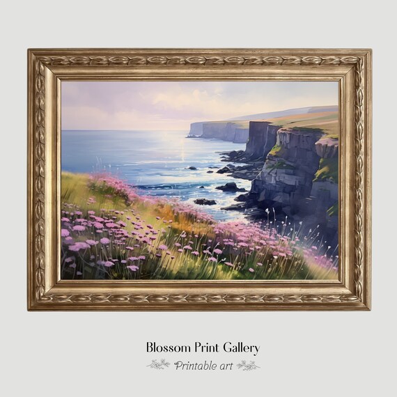 Sea Cliffs Pink Wildflowers Ocean Sunset Coastal Landscape Poster