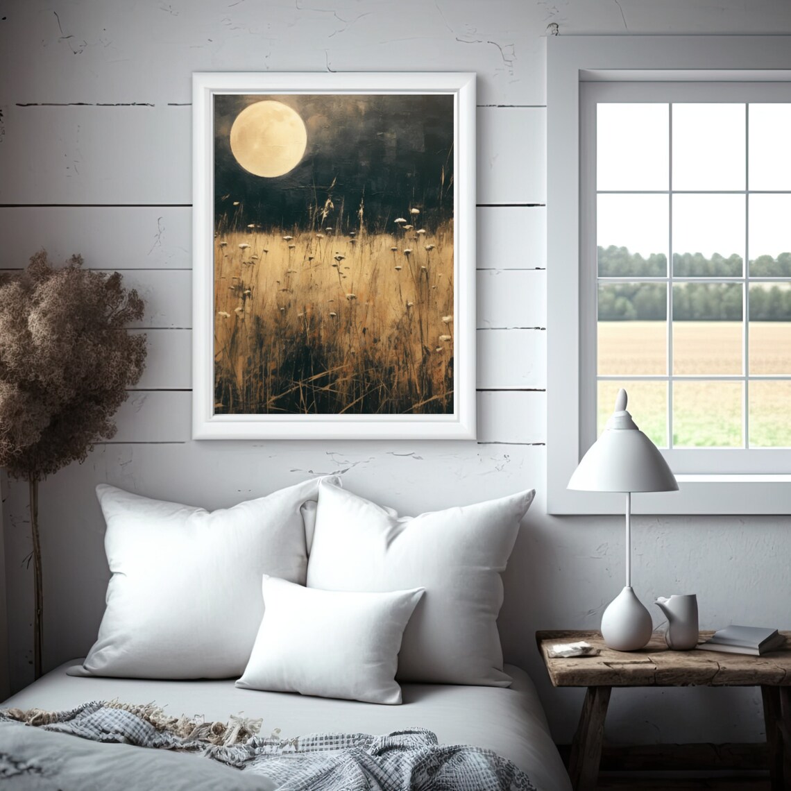 Full Moon Over Golden Meadow Vintage Night Sky Oil Painting Poster - Image 4