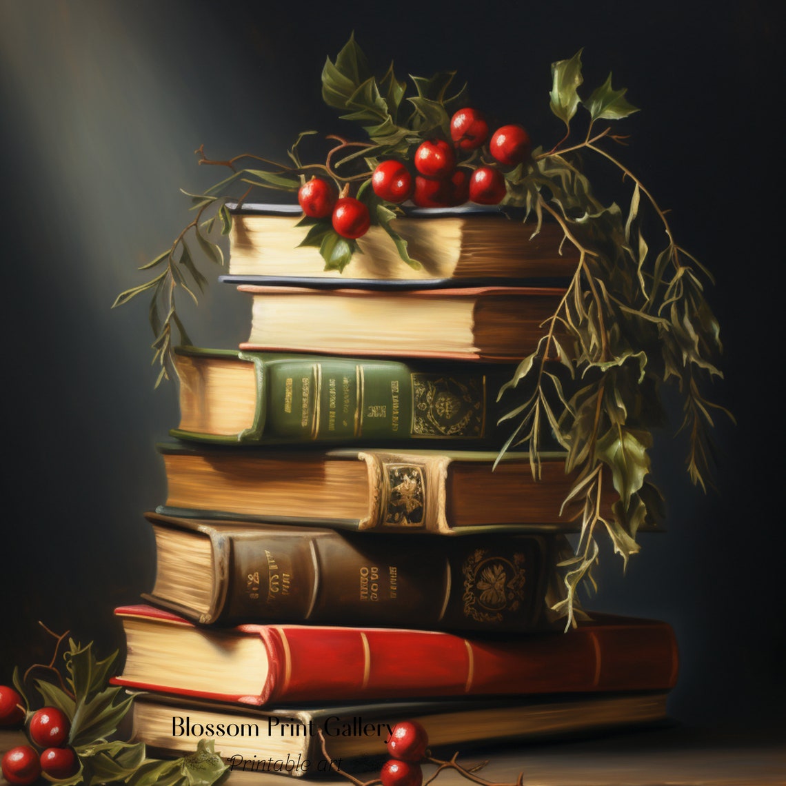Stack Christmas Books Holly Berries Festive Library Art Poster - Image 2