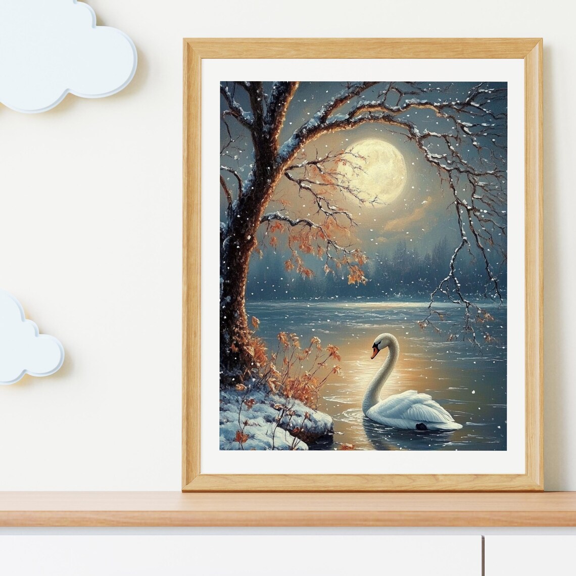 White Swan on Moonlit Winter Lake with Snowy Branches Night Painting Poster - Image 4