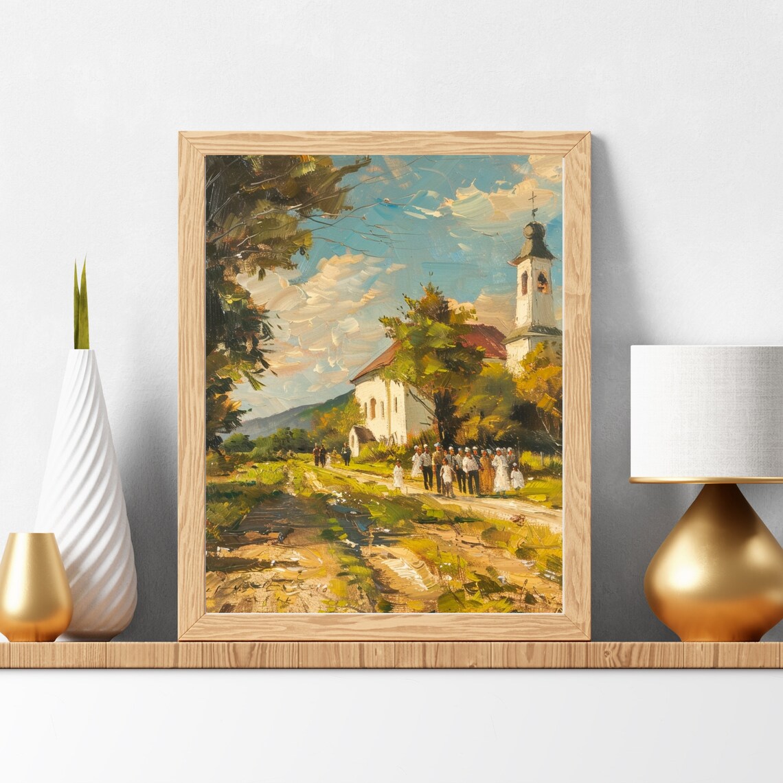 Village Church Bell Tower Congregation Sunny Landscape Art Poster - Image 5