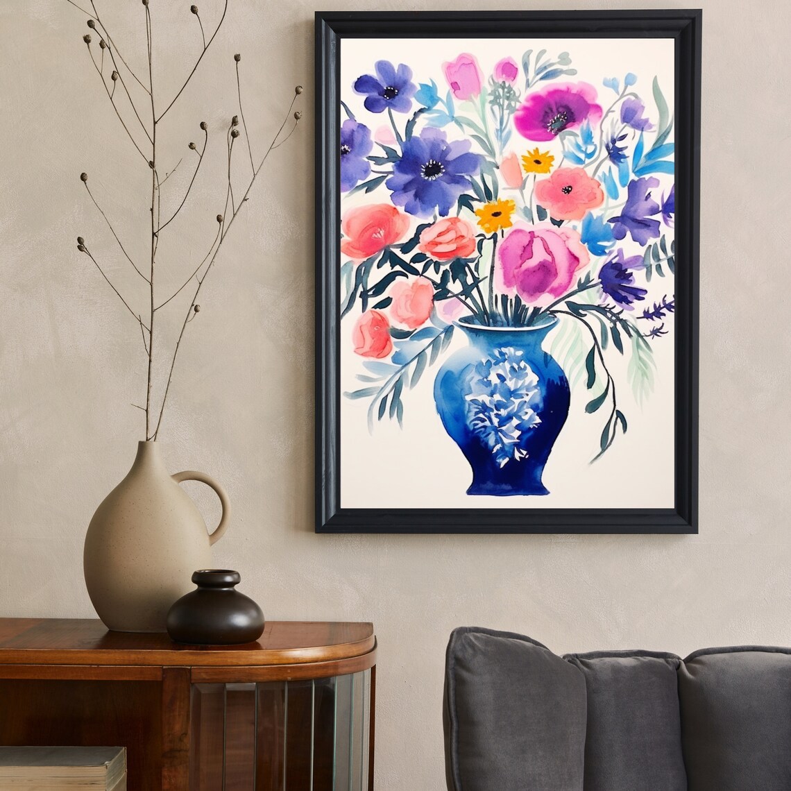 Watercolor Wildflower Bouquet in a Cobalt Vase Floral Wall Art - Image 6