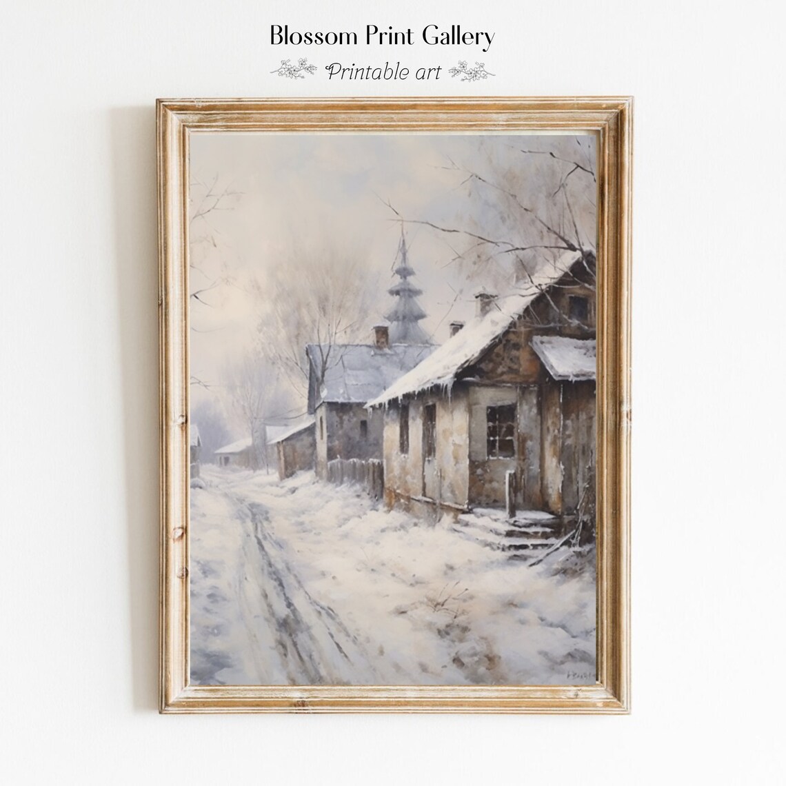 Snowy Rustic Village Street With A Church Steeple In The Mist Poster