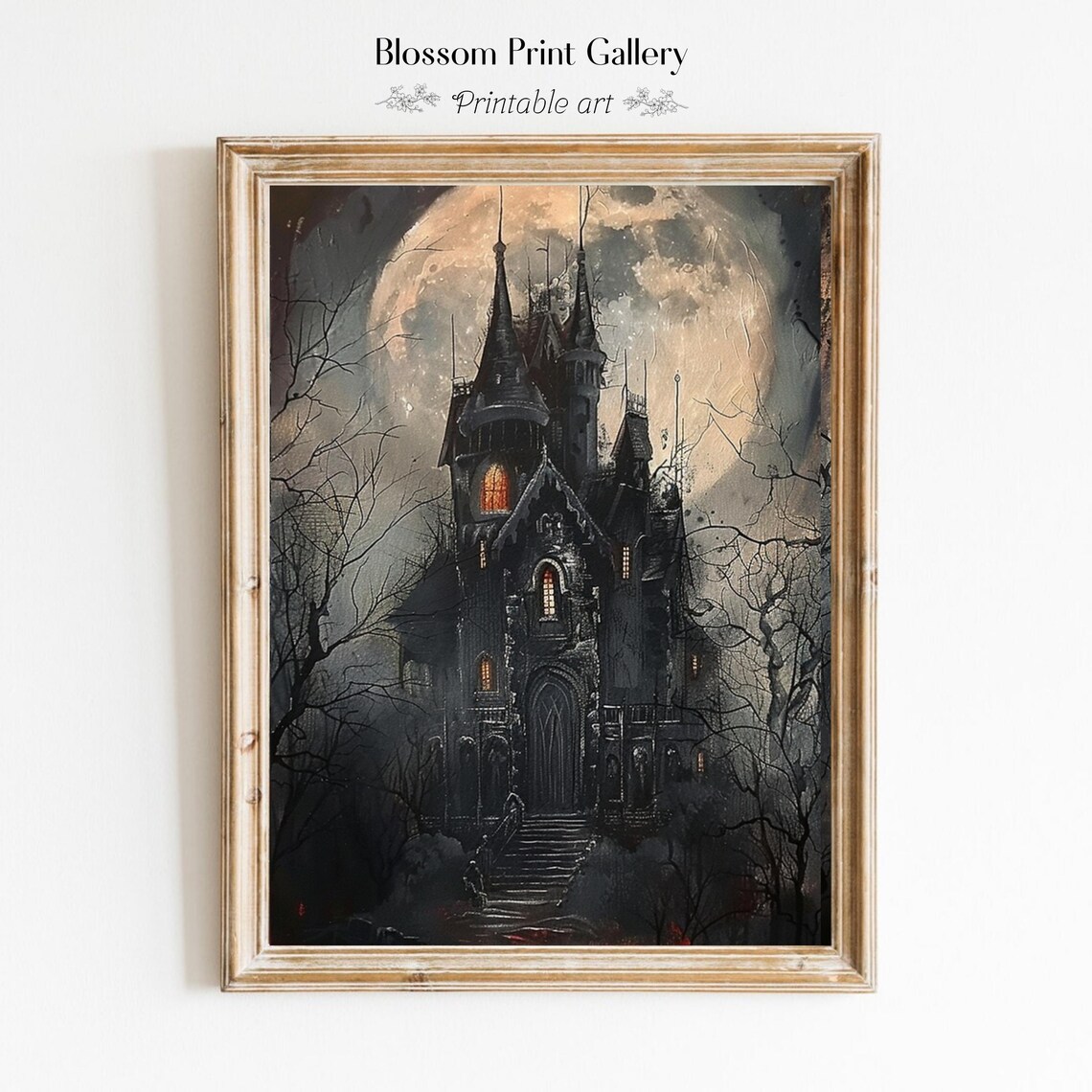 Gothic Haunted Castle under Full Moon Dark Halloween Painting Poster