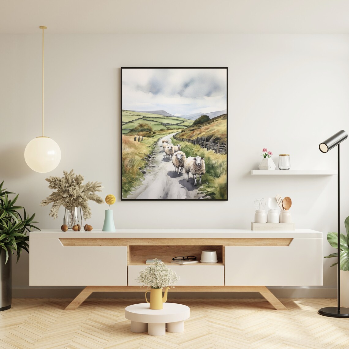Flock of Sheep on Country Lane Green Hills Watercolor Painting Poster - Image 4