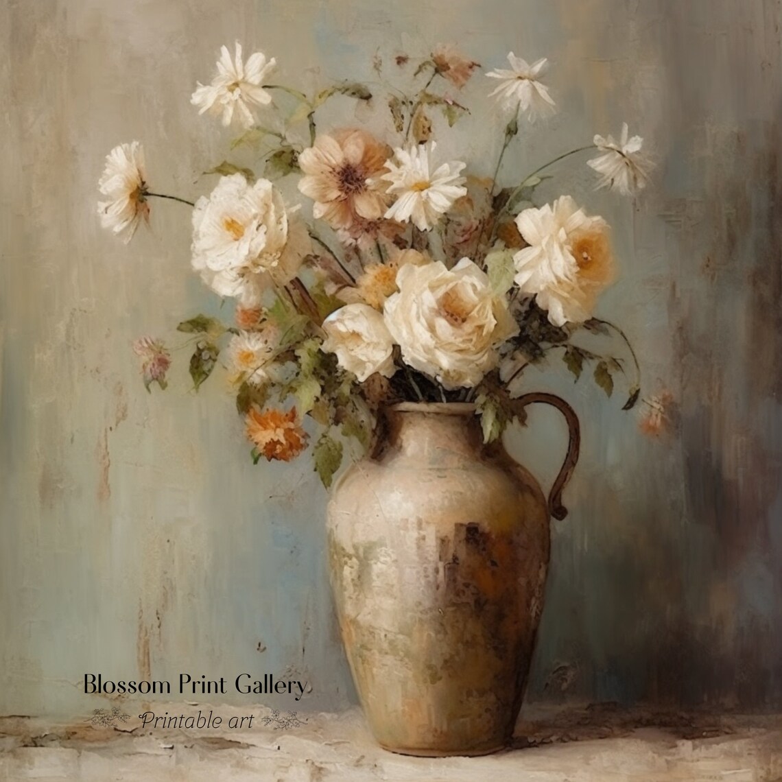 White Flowers in Rustic Vintage Jug Still Life Floral Poster - Image 3