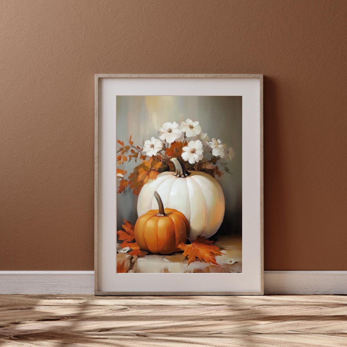White and Orange Pumpkins with Autumn Flowers Still Life Poster - Image 2