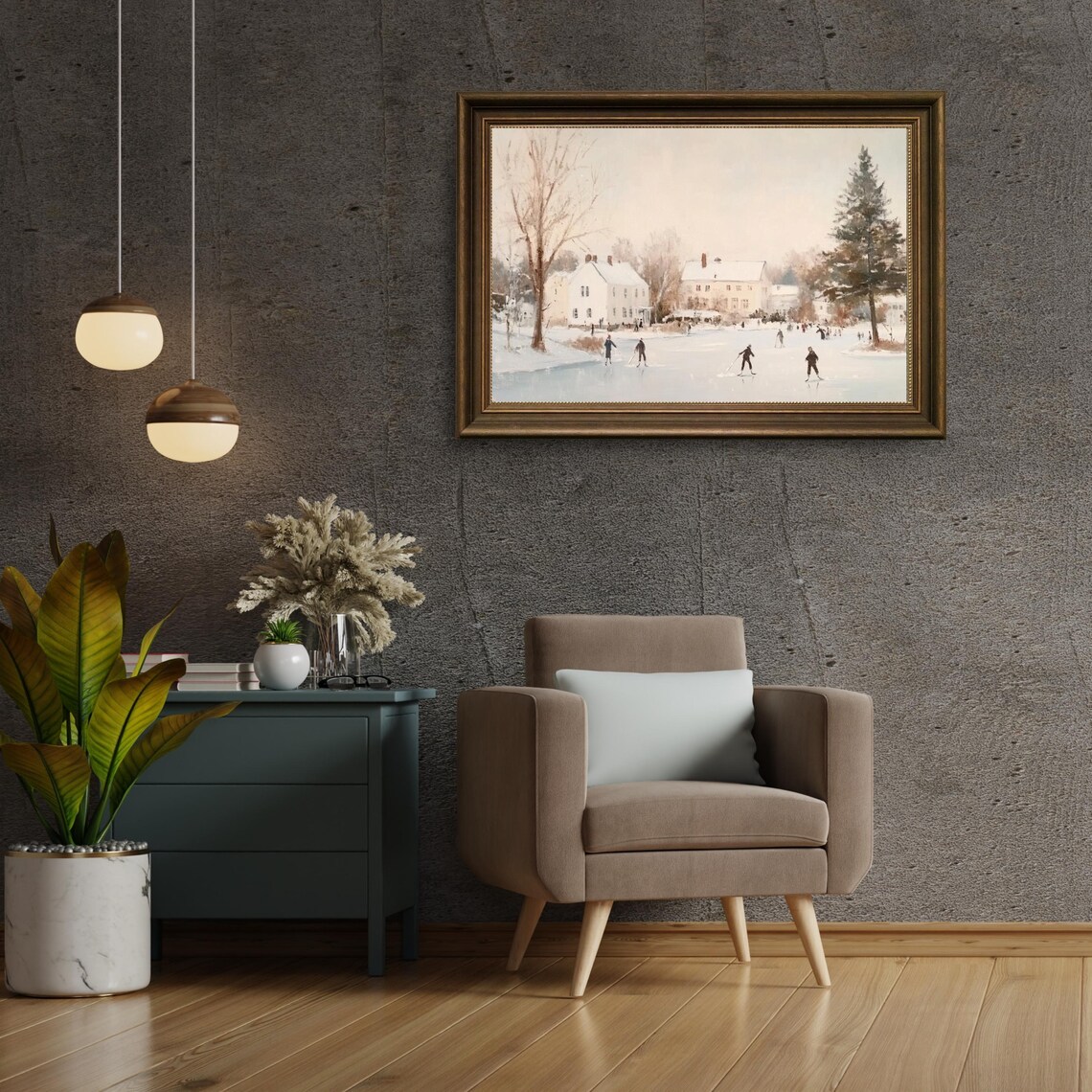 Ice Skaters Frozen Pond Manor Vintage Winter Landscape Art Poster - Image 2