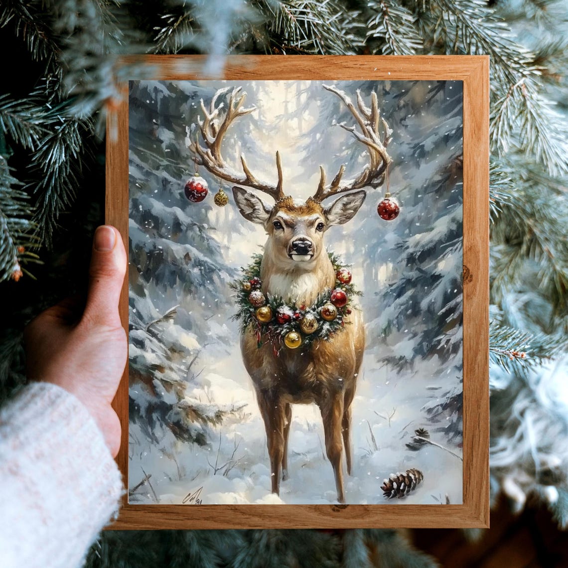 Majestic Deer With Ornament Wreath In Snowy Christmas Forest Poster - Image 4