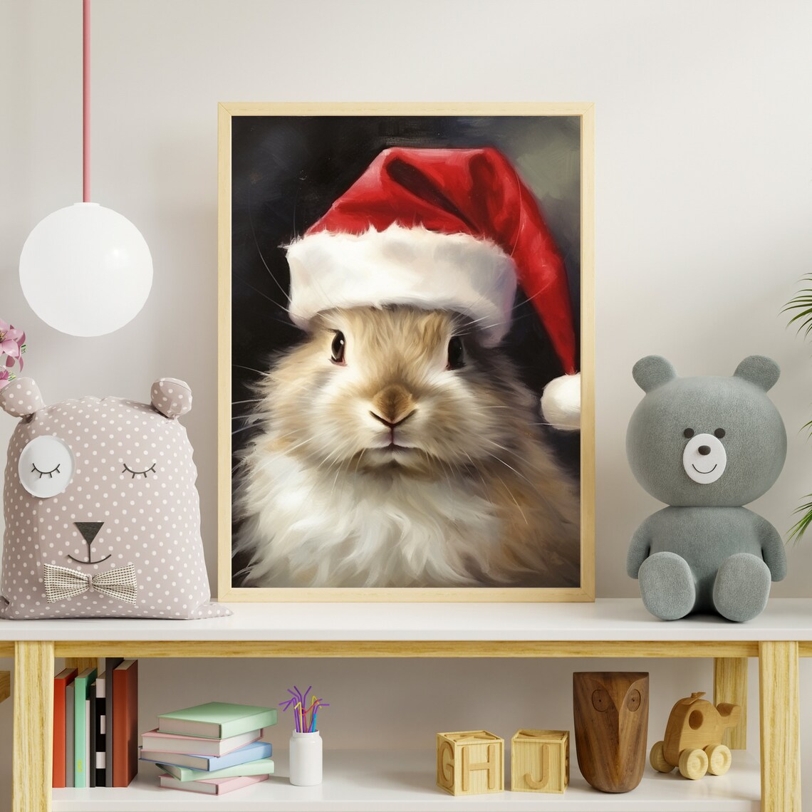 Cute Bunny in Santa Hat Christmas Animal Portrait Painting Poster - Image 6