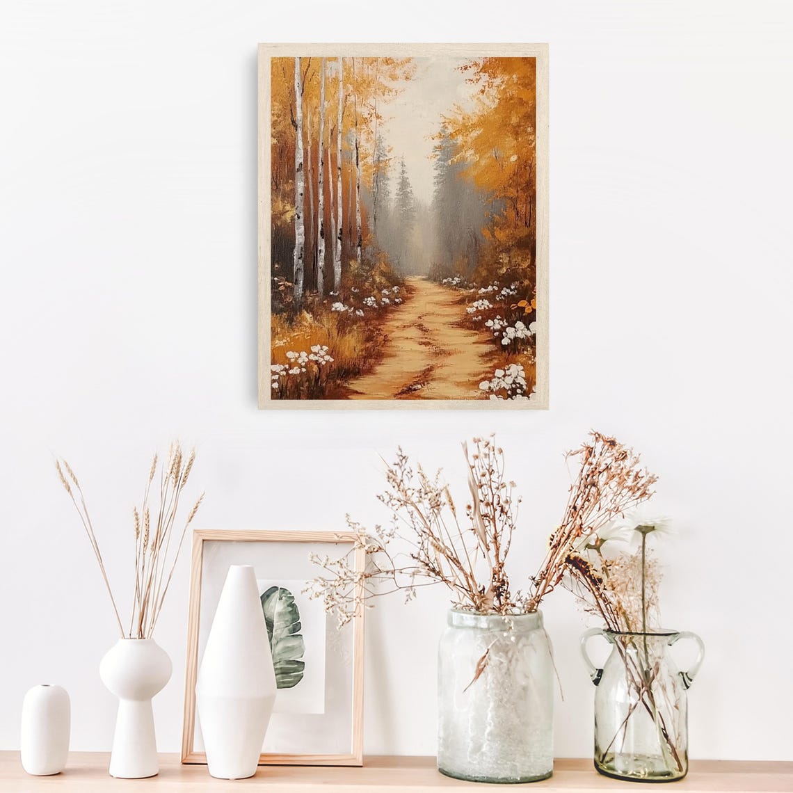 Golden Autumn Path Through Birch Trees With White Wildflowers Print - Image 2