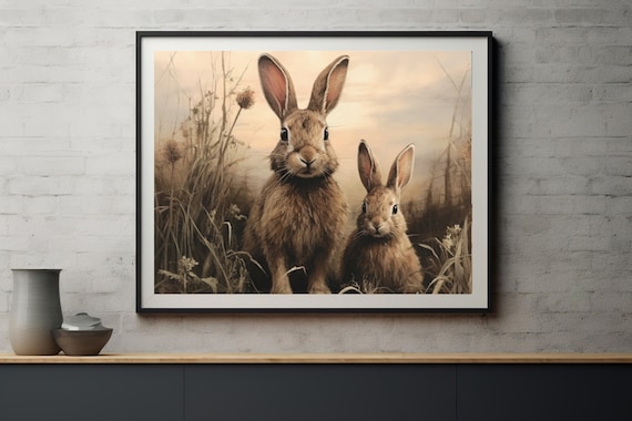 Pair Of Hares In Golden Field Vintage Wildlife Painting Poster
