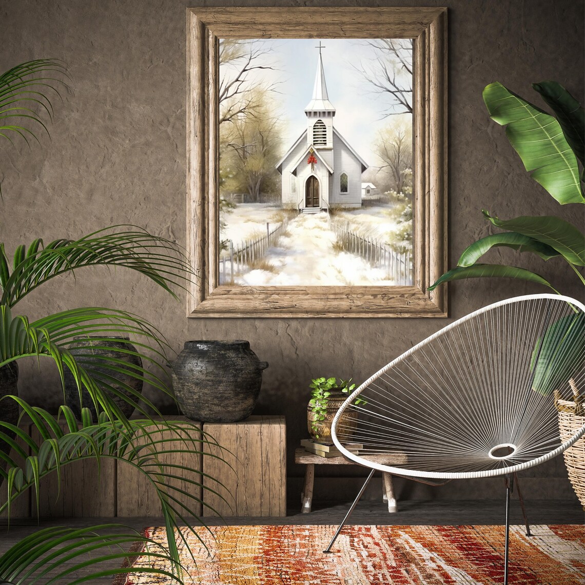Snowy White Country Church Winter Landscape Watercolor Poster - Image 4