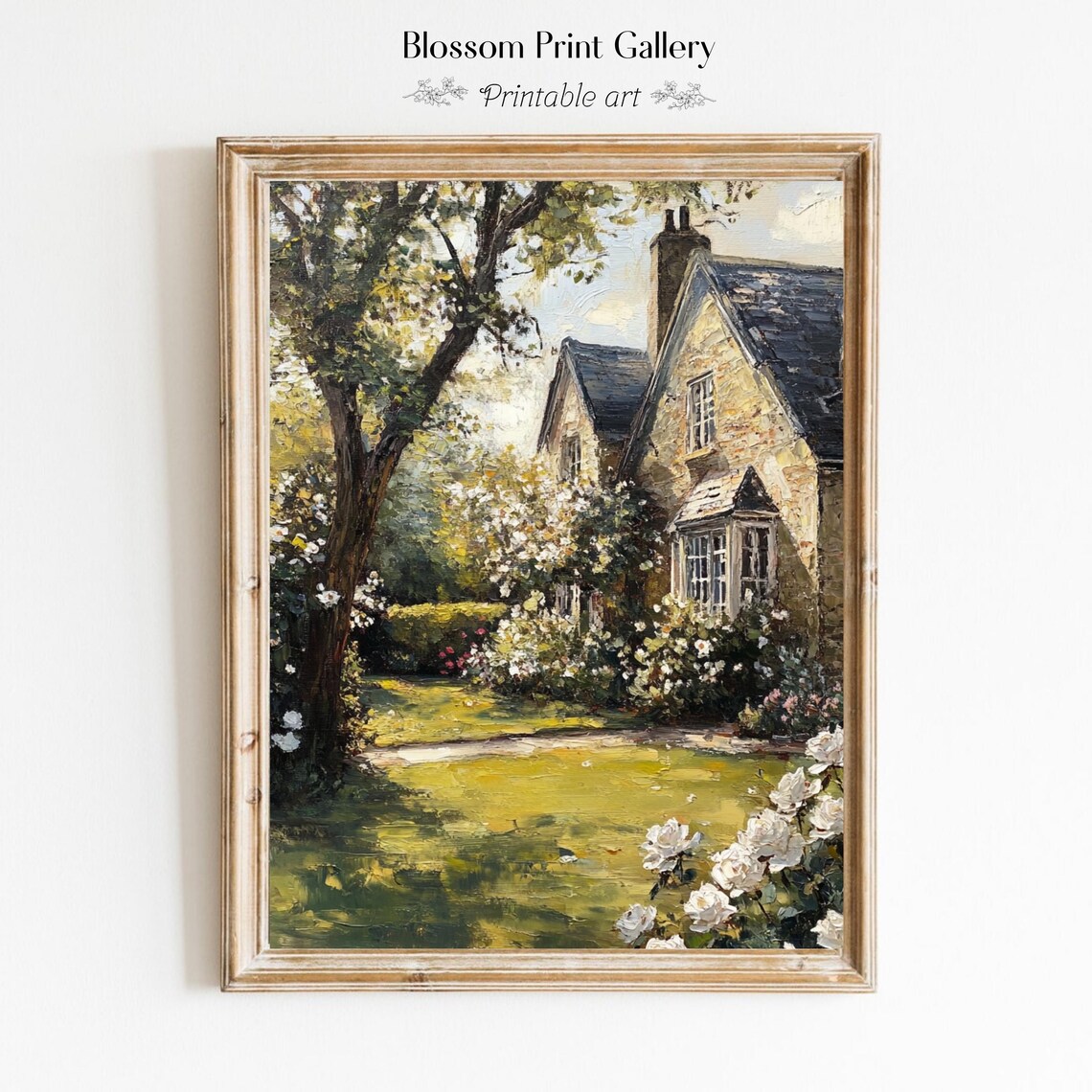 Vintage English Cottage Oil Painting, Flower Garden