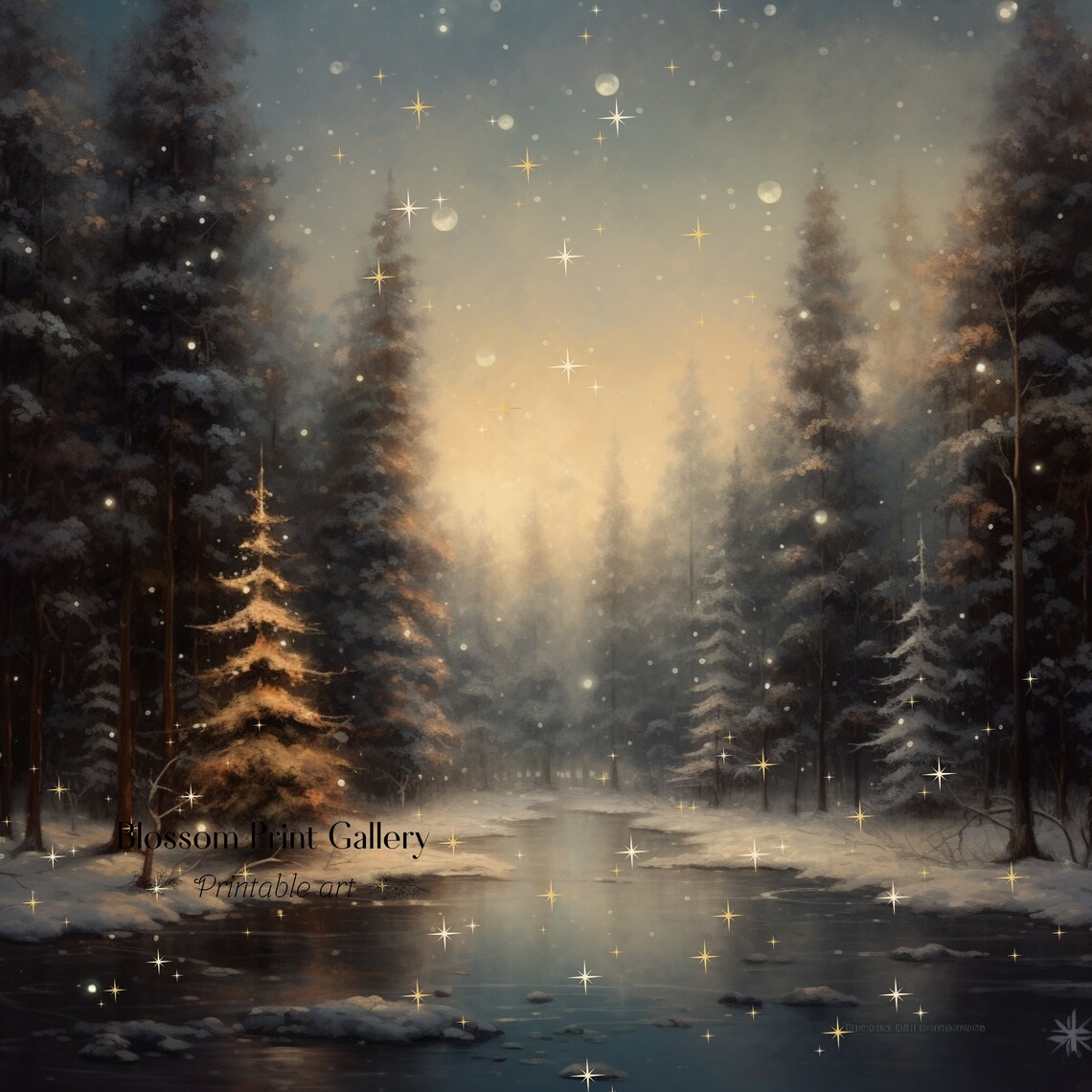 Snowy Pine Forest With Golden Starlight And Pond Winter Poster - Image 3