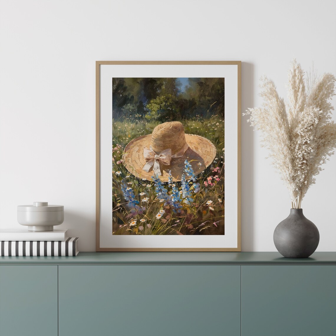 Straw Hat Resting in Summer Wildflower Meadow Vintage Oil Painting Poster - Image 3