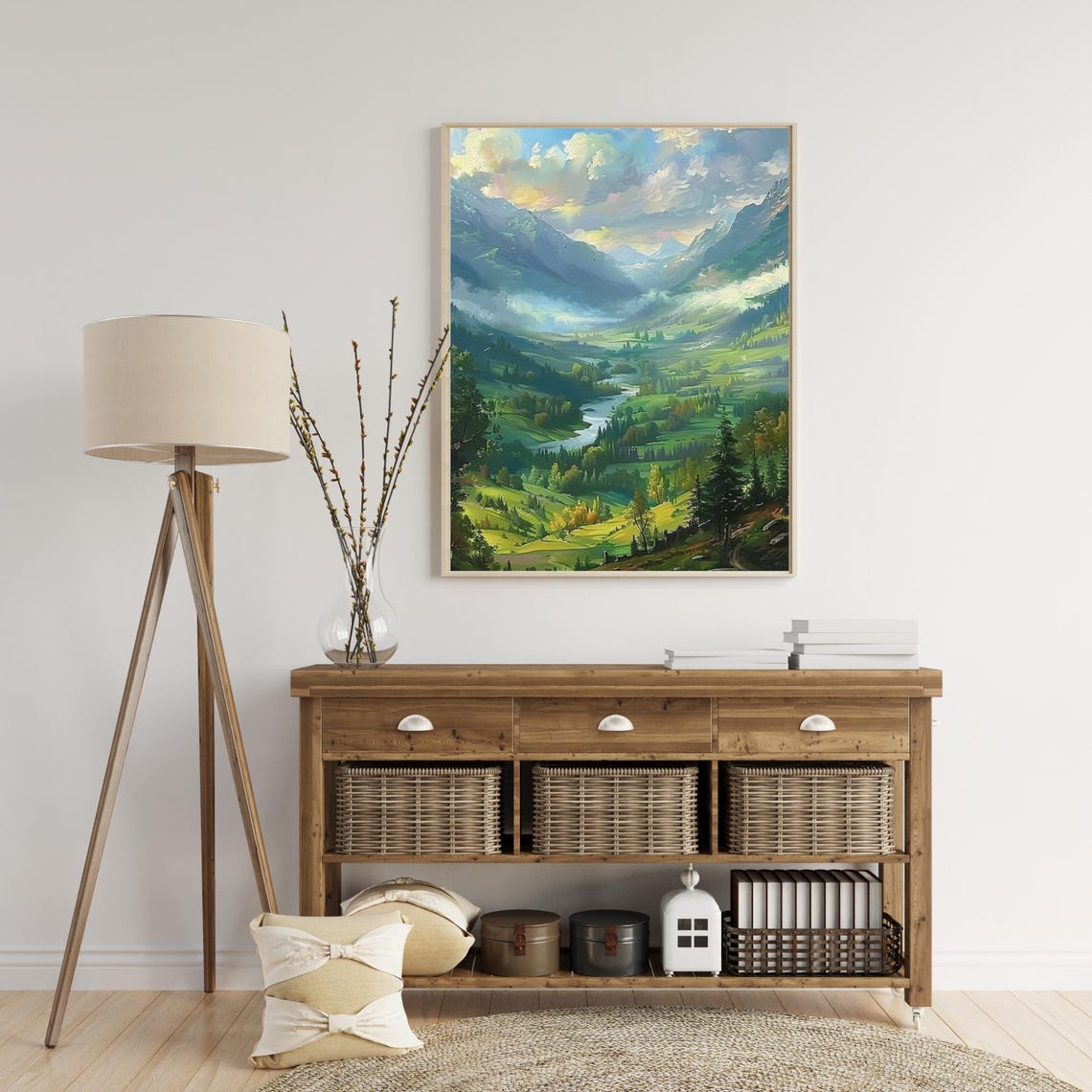 Green Mountain Valley River Landscape Spring Meadow Art Poster - Image 4