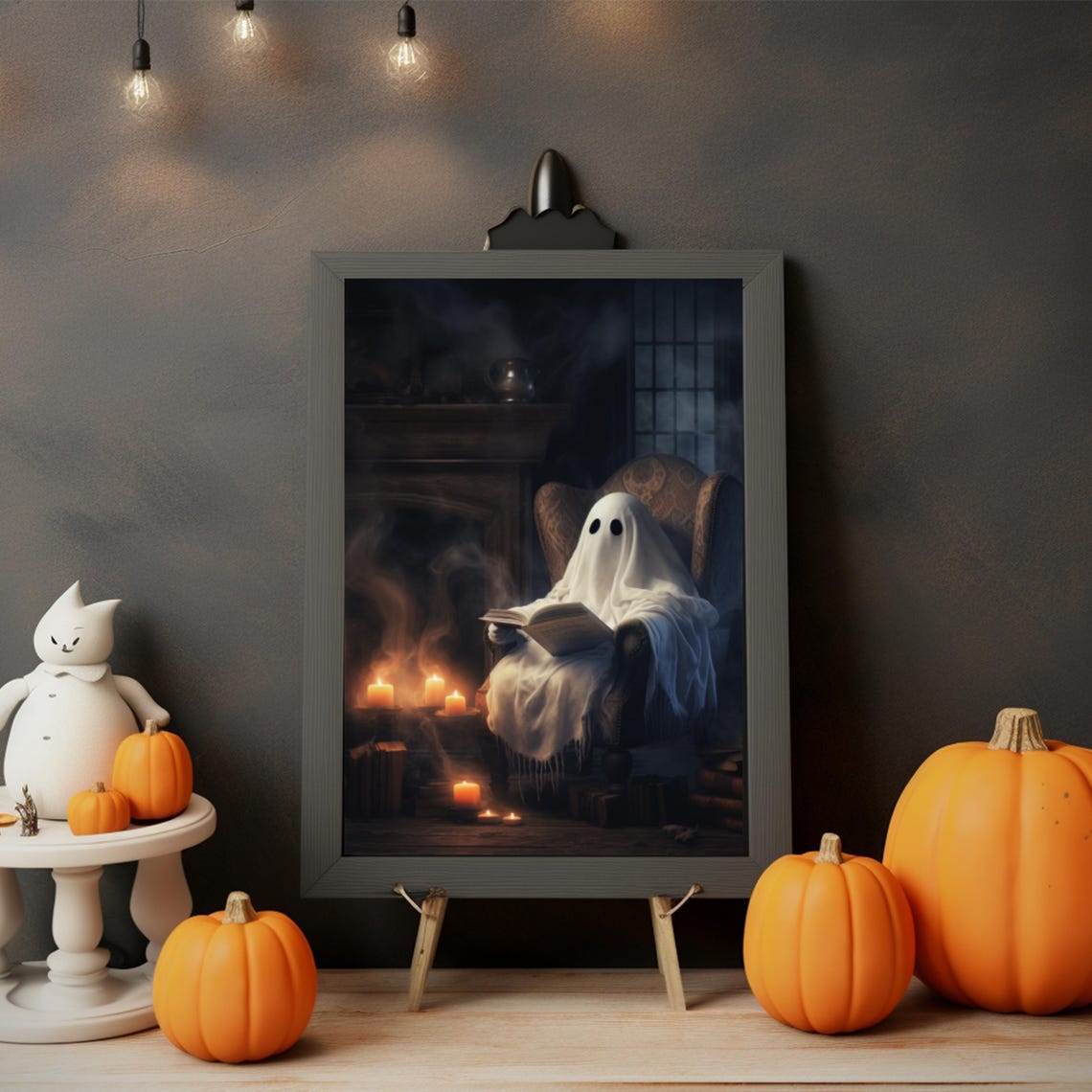 Ghost Reading Book By Fireplace Candlelit Spooky Halloween Poster - Image 3