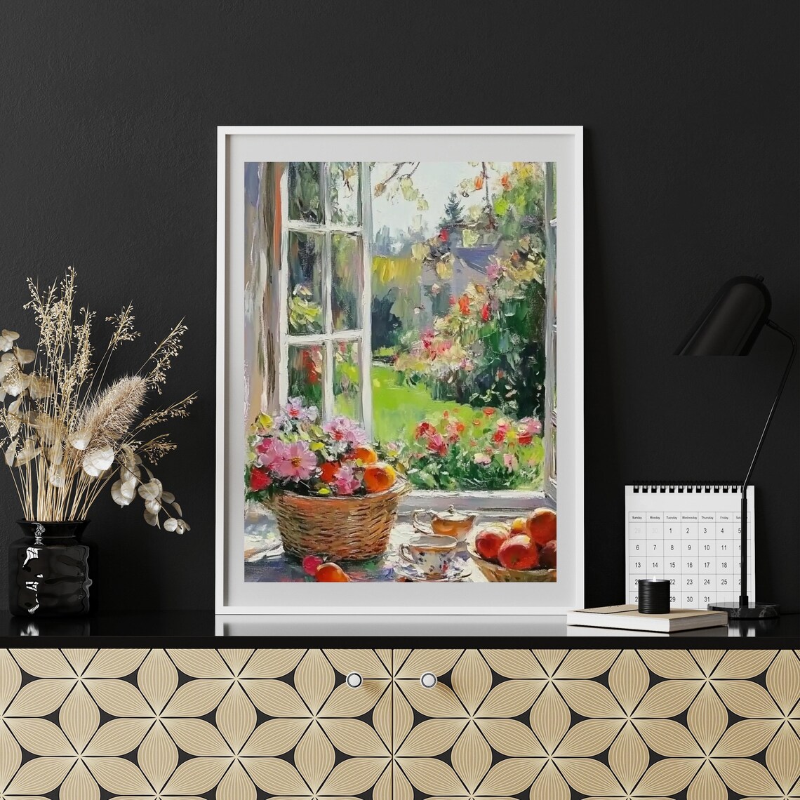 Basket Of Pink Flowers And Apples On A Sunny Windowsill Print - Image 6