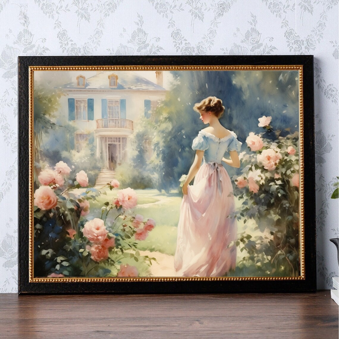 Elegant Lady In Rose Garden By Country Manor Vintage Painting Poster - Image 5